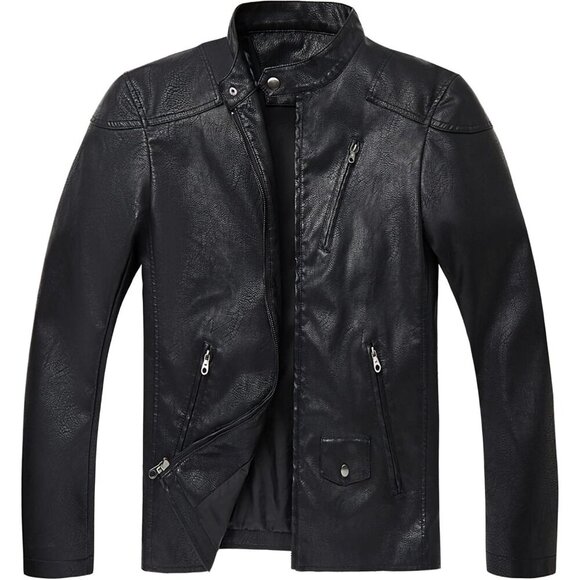 🆕 Men Black Stand Collar Leather Jacket Motorcycle Lightweight Faux Outwear - Picture 1 of 8